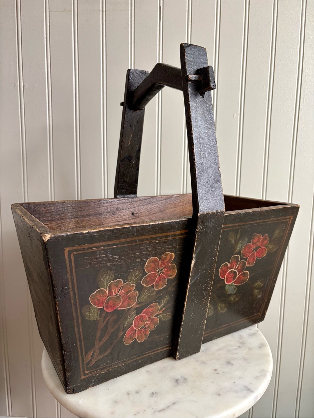Antique Chinese Wooden Wedding Box Basket/Rice Harvest Bucket Vintage VTG Floral